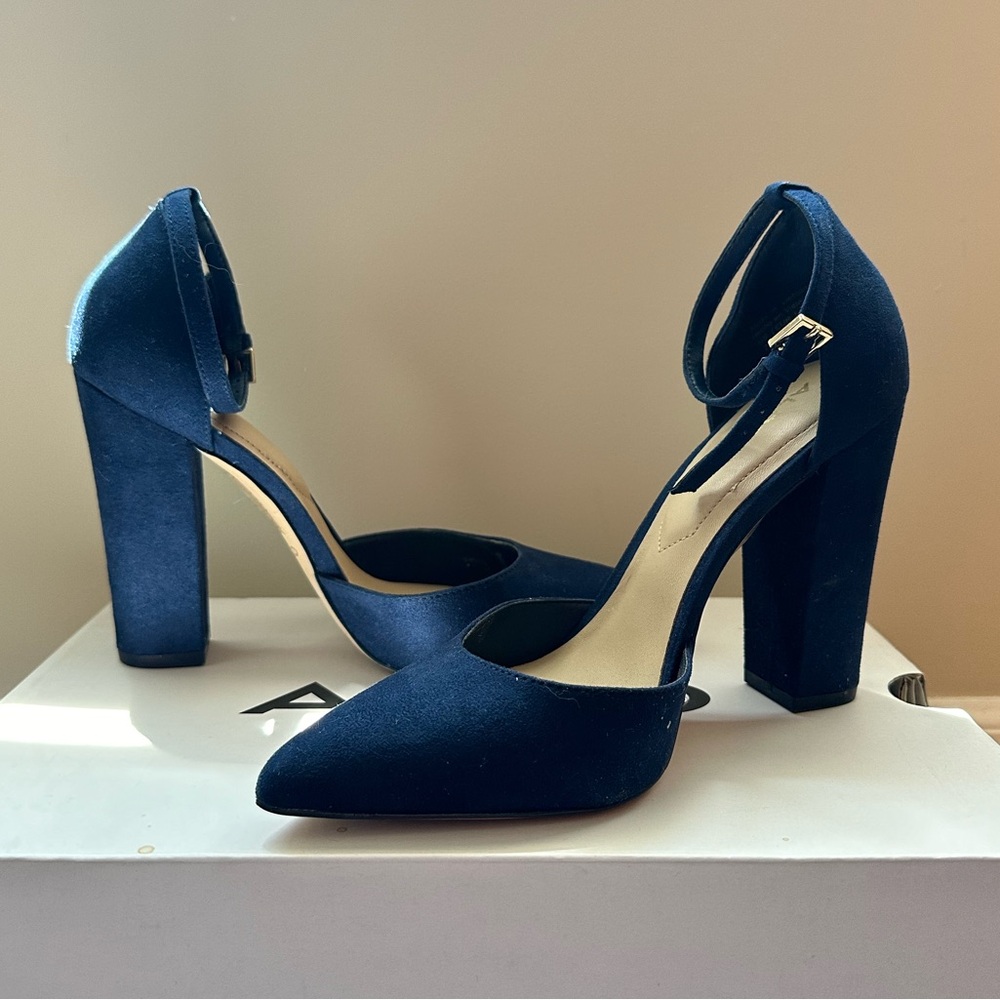 Aldo Suede Chunky Heel Pointy Toe Ankle Strap Heels